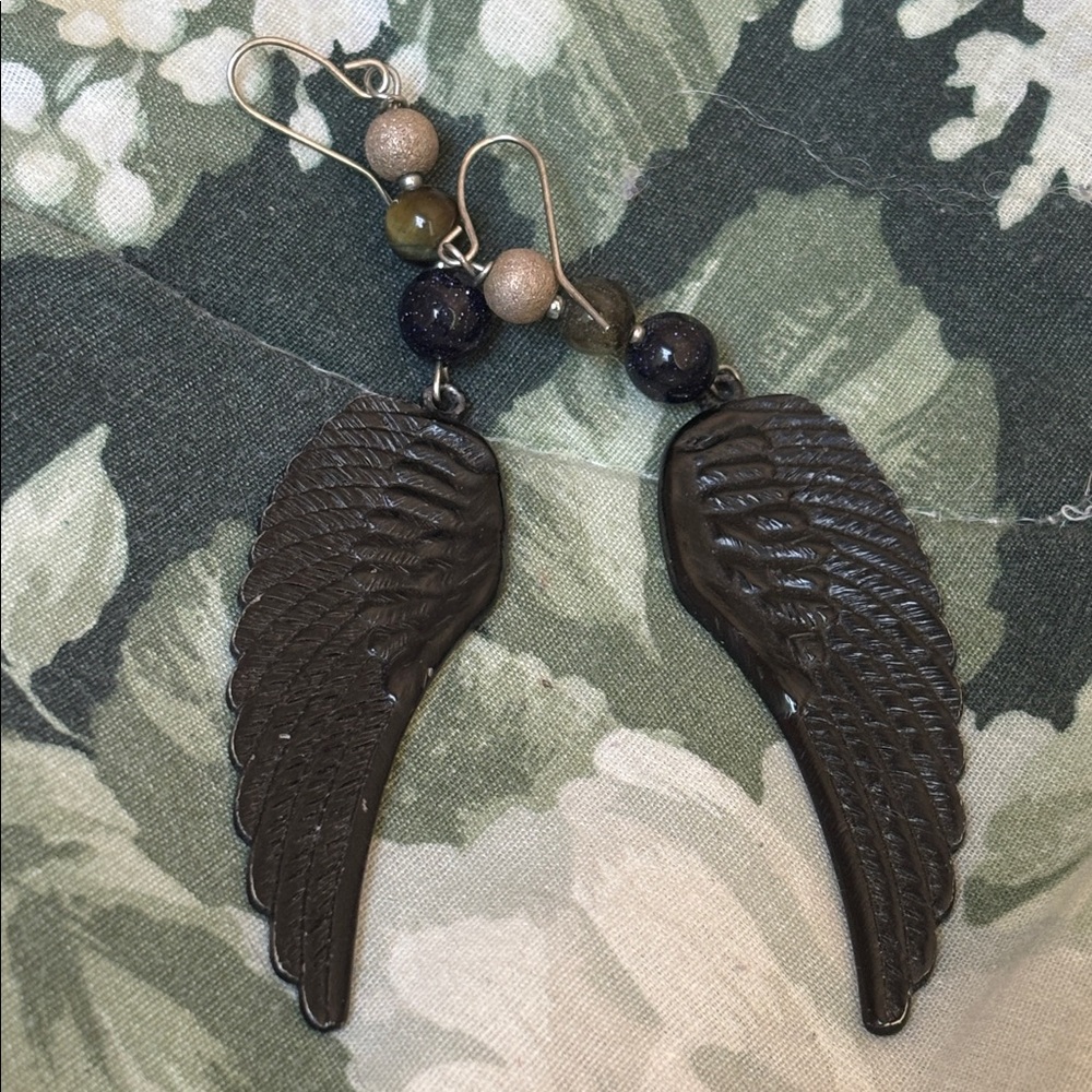 Black Angel Wing Earrings Goth Whimsigoth Ethereal Artsy Funky Beaded Accents